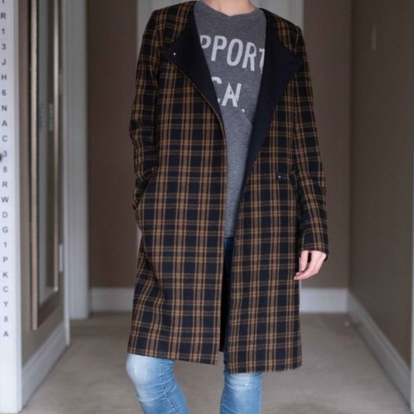 H&M Navy Blue & Yellow Wool Blend Plaid Coat - Size 6 - Picture 2 of 8